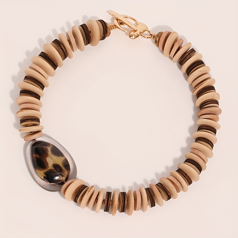 Brown Retro Wooden Beaded Necklace with Leopard Print Decoration